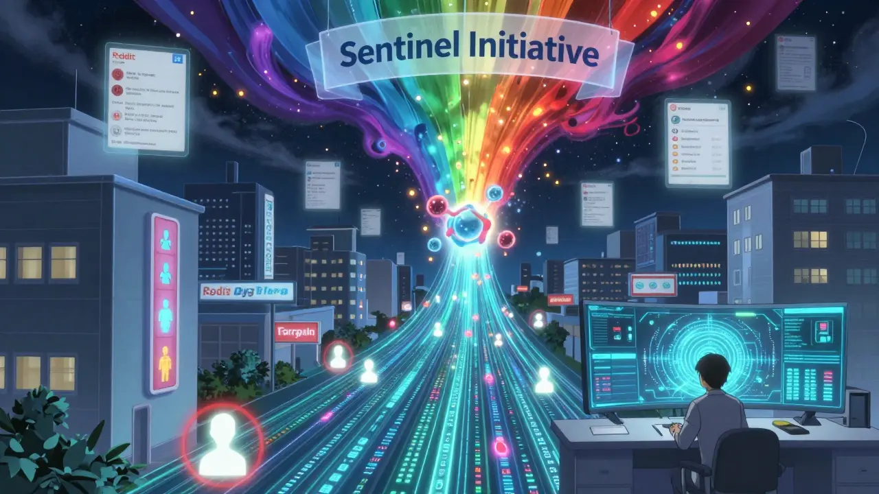 Digital cityscape with patient avatars streaming symptoms to an AI-powered FDA control center.