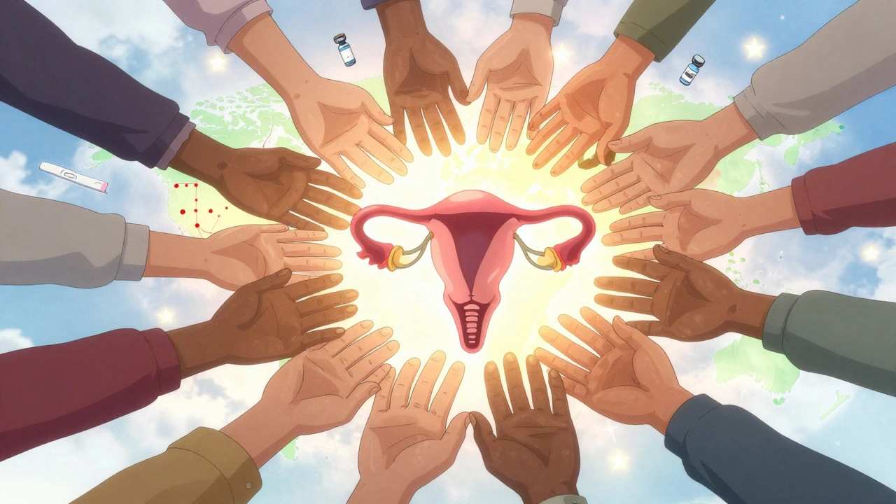 Diverse hands forming a protective circle around a glowing cervix, symbolizing global prevention.