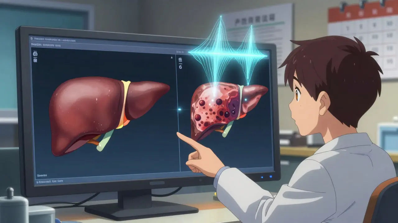 Doctor showing split-screen of healthy vs. cirrhotic liver with ultrasound waves scanning the damaged organ.