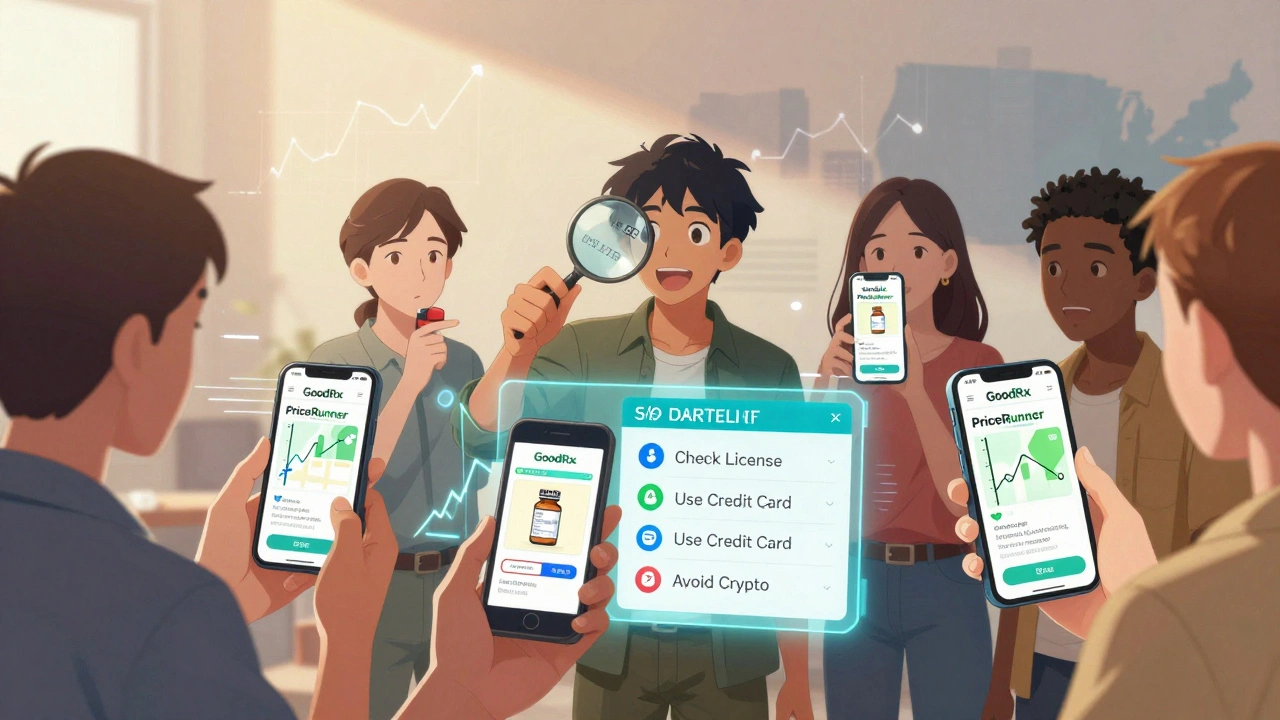 Five people checking price alerts on phones with safety tips displayed in holograms.