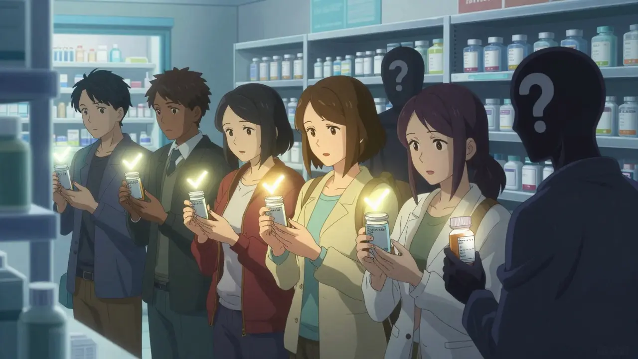 Group of people in a pharmacy, some verifying labels with glowing checkmarks, others unaware.