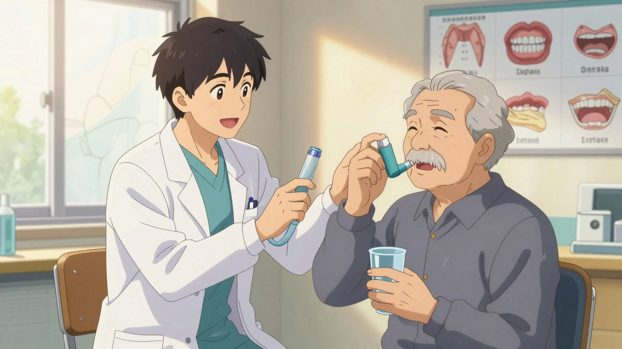 Healthcare team teaching proper inhaler use and oral hygiene to patient.