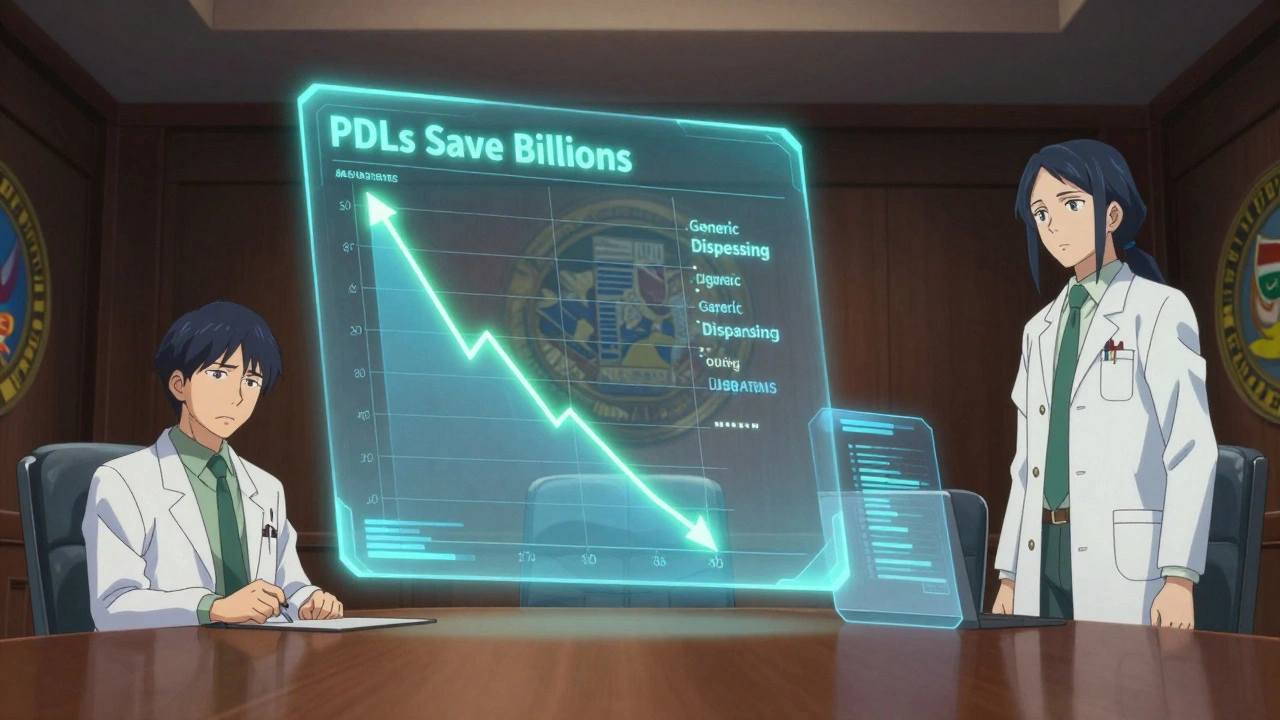 Holographic charts in a state policy room showing generic drug cost savings.