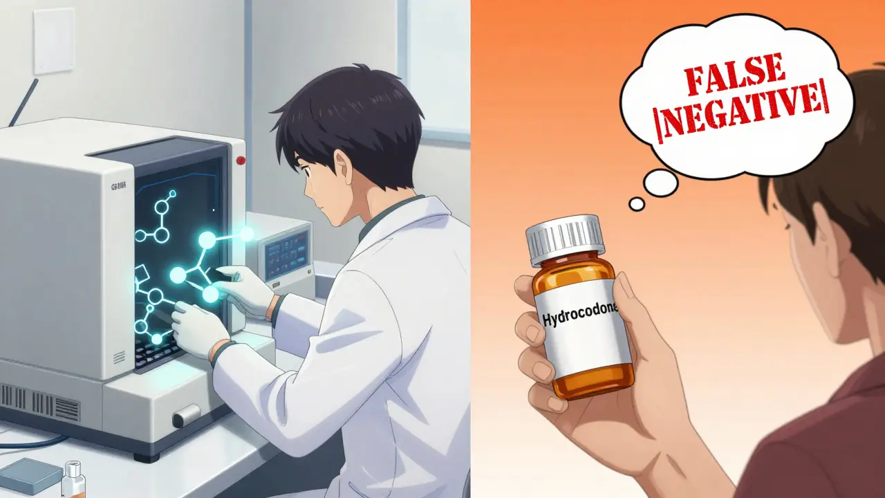 Lab technician using advanced mass spectrometry equipment while a patient holds a hydrocodone prescription with a false negative symbol.