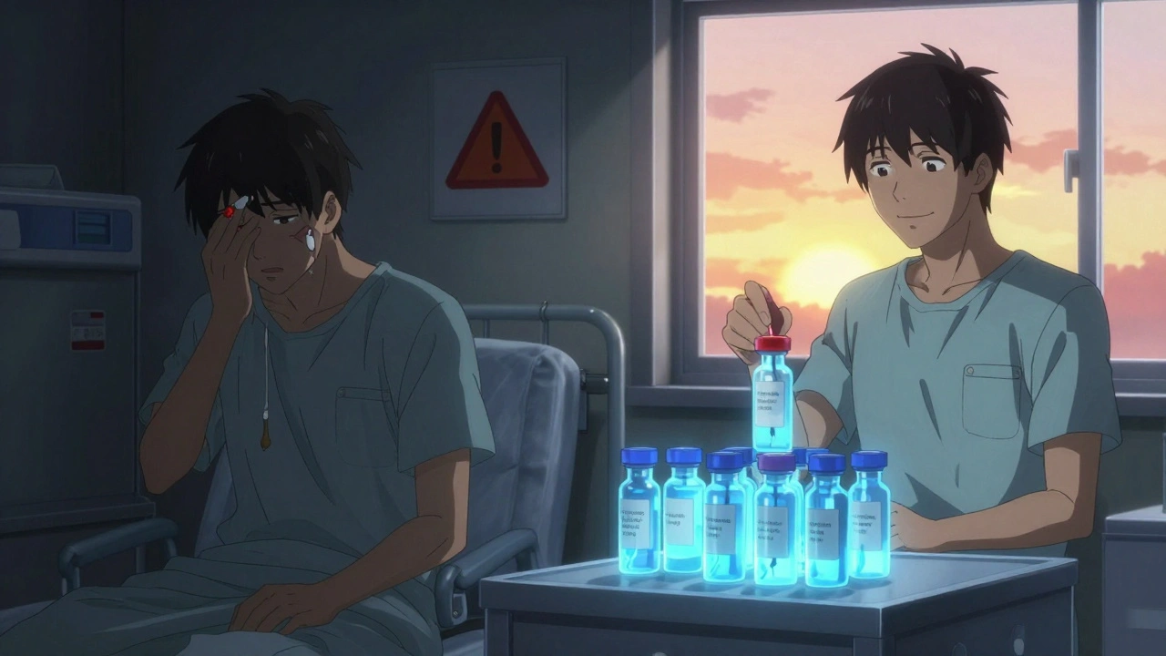 Man in hospital with sperm sample warning on one side, freezing sperm with hope on the other.