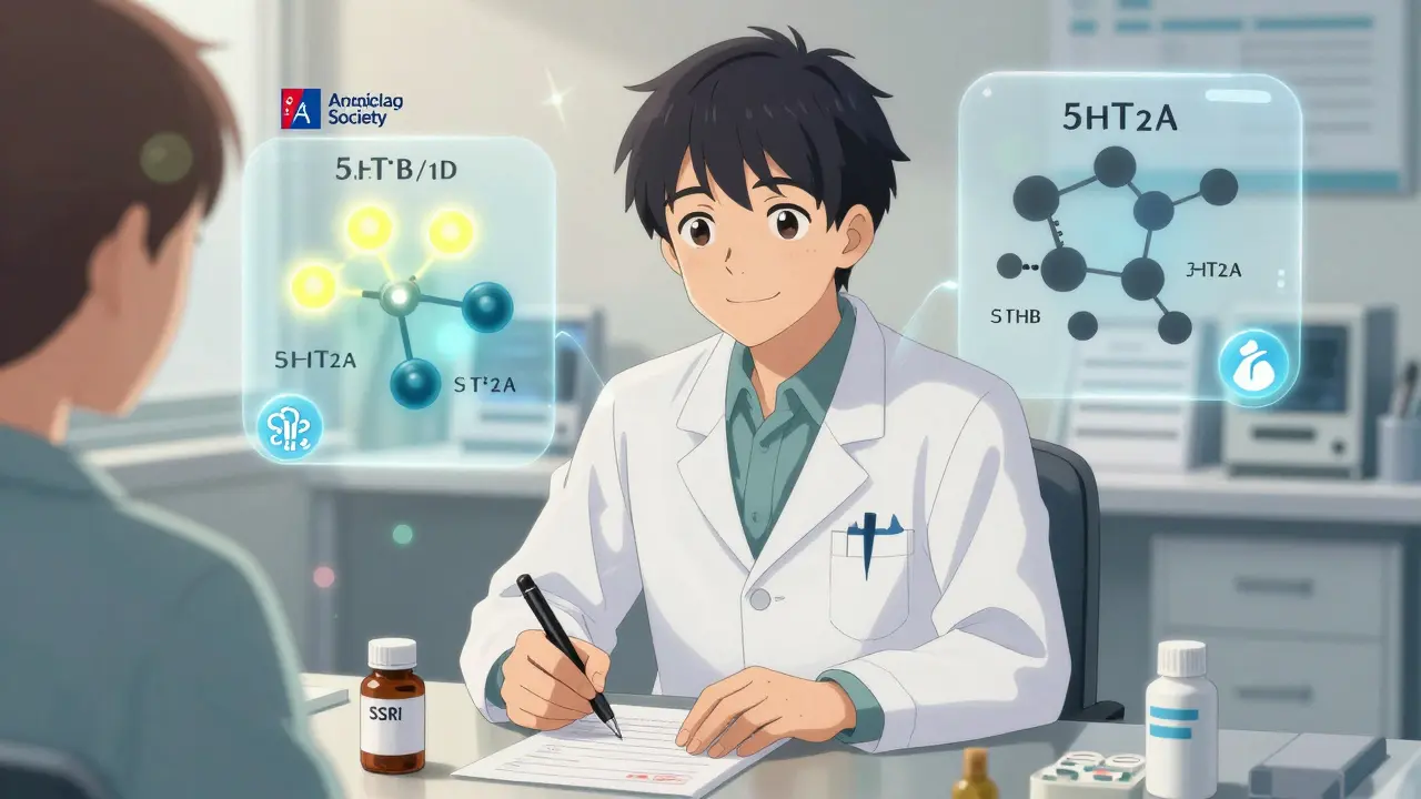 Neurologist prescribing triptan safely with SSRI, animated receptor diagrams showing safe serotonin activity.