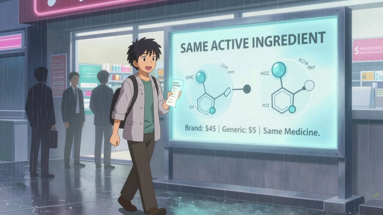 Patient holding a receipt showing generic vs brand price with identical chemical structures in background.