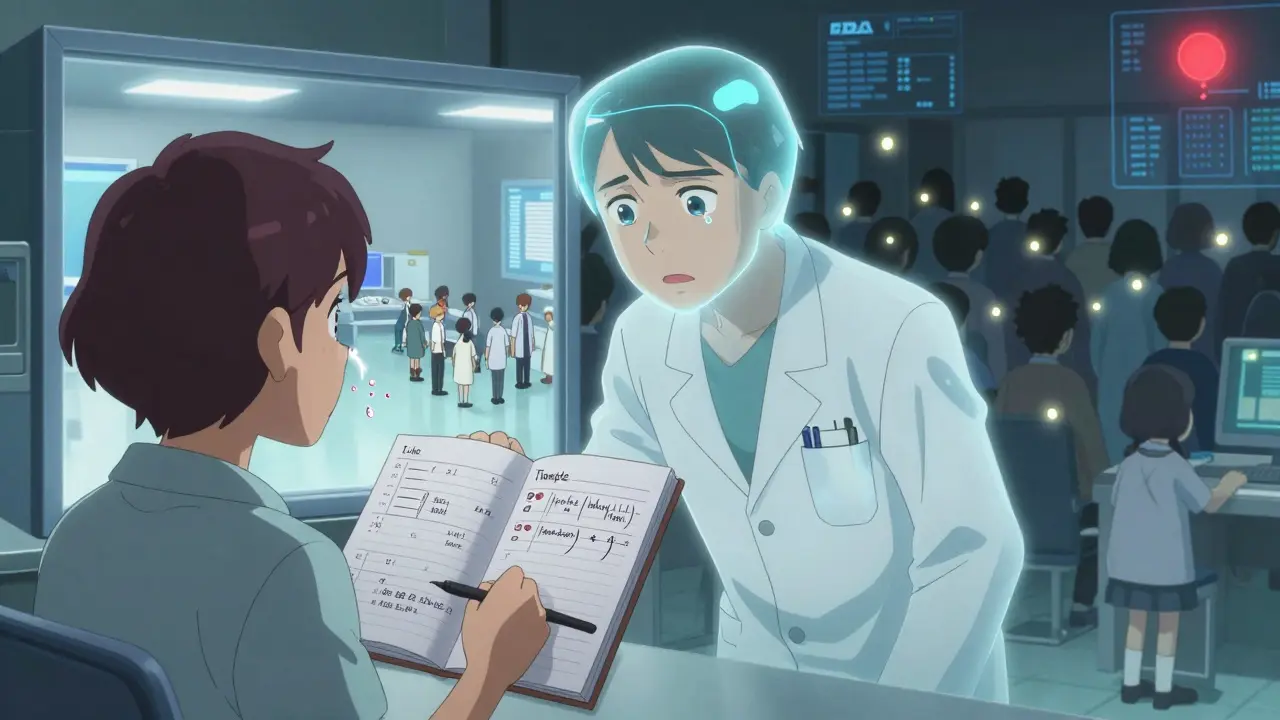 Patient logging symptoms as a doctor avatar watches a portal showing clinical trials vs. real-world reactions.