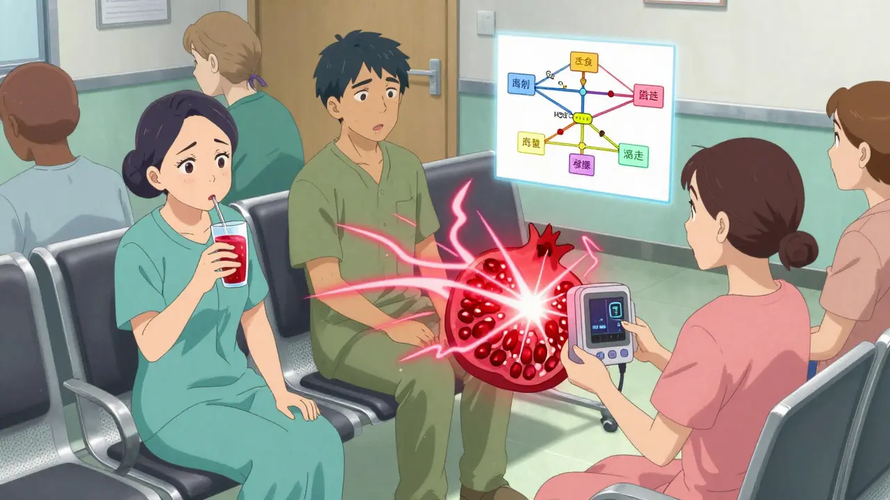 Patients in a clinic, one drinking juice while an INR monitor spikes dramatically.