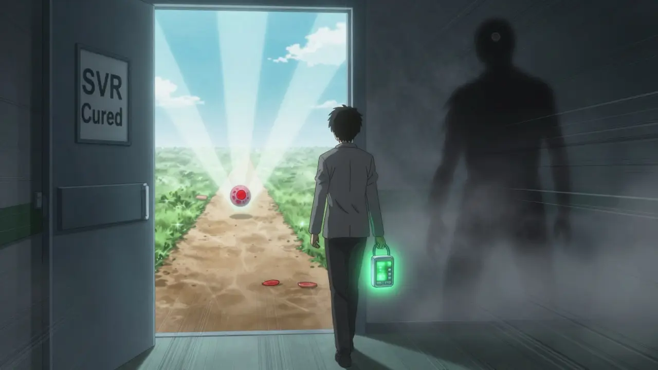 Person walking on a path split between early cancer treatment and dark cancer progression, holding a FibroScan device.