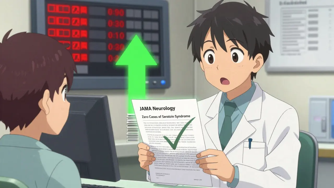 Pharmacist surprised as patient shows study proving no serotonin syndrome risk from triptans and SSRIs.