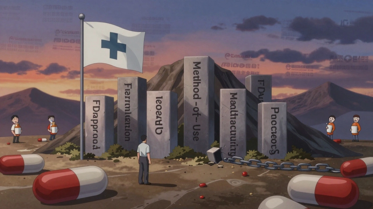 Pill-shaped battlefield with patent barriers blocking the path to FDA approval, patients holding empty bottles under a fading sky.