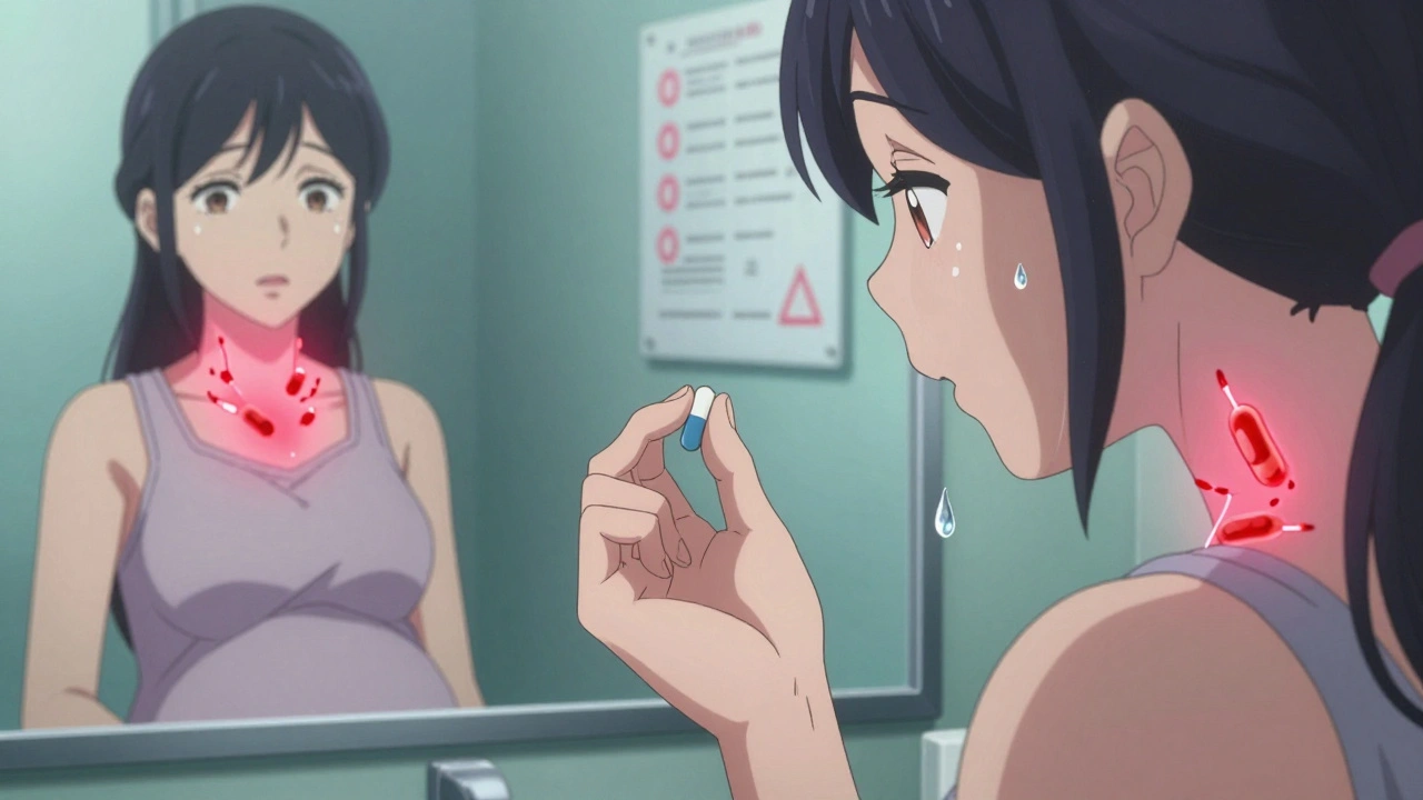 Pregnant woman holding PTU pill, dual reflection showing healthy and sick versions