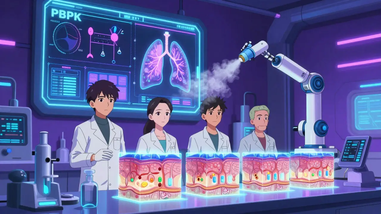 Scientists testing topical creams on holographic skin with PBPK models and inhaler lung simulations in a neon lab.