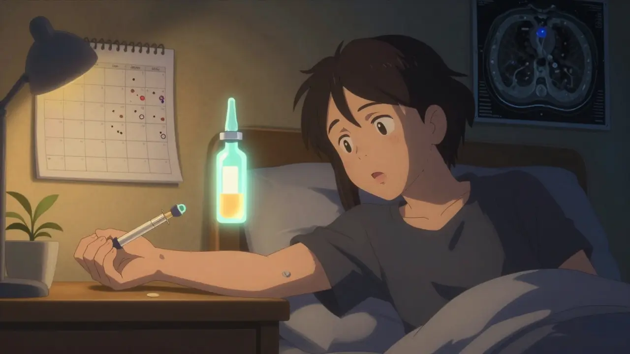 Someone self-administering immunoglobulin at home with medical scans and a growing plant nearby.