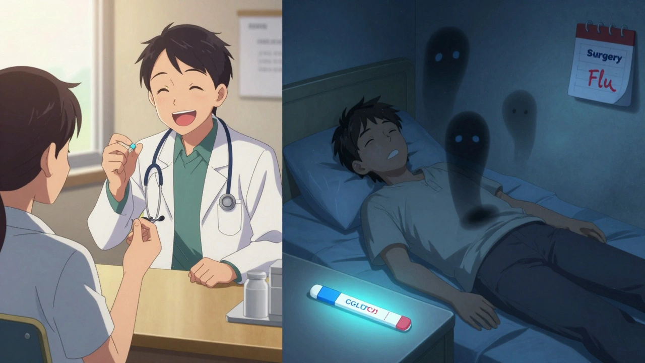 Split image: patient taking medication happily on one side, collapsed with ketone shadows on the other during illness.