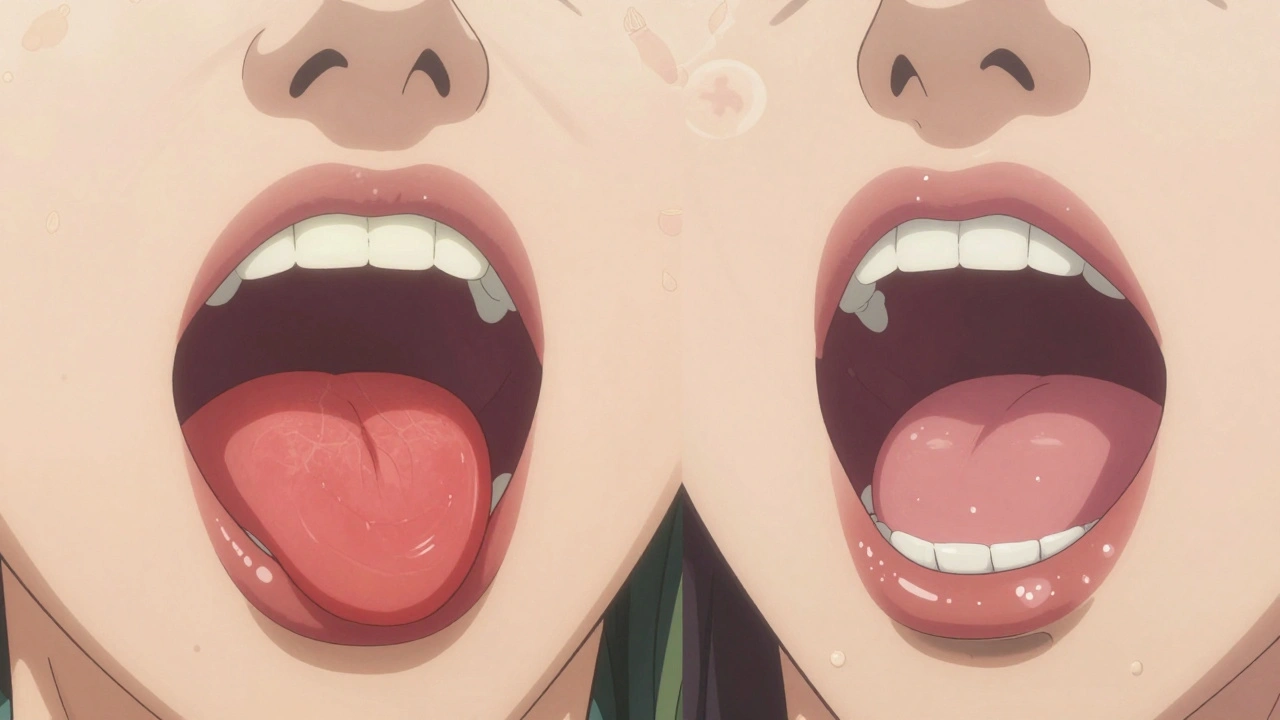 Split image showing oral thrush vs. clean mouth after proper rinsing.