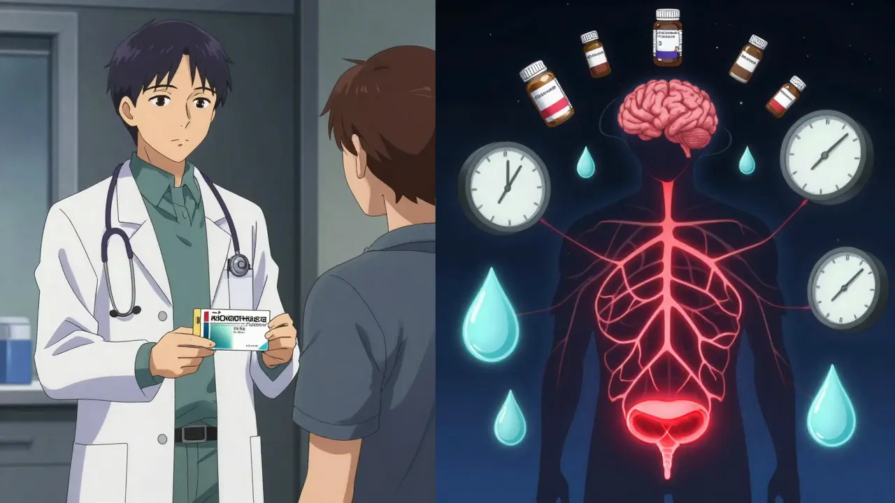 Split scene: doctor giving a prescription on one side, same person overwhelmed by floating pills and rapid clocks at night.
