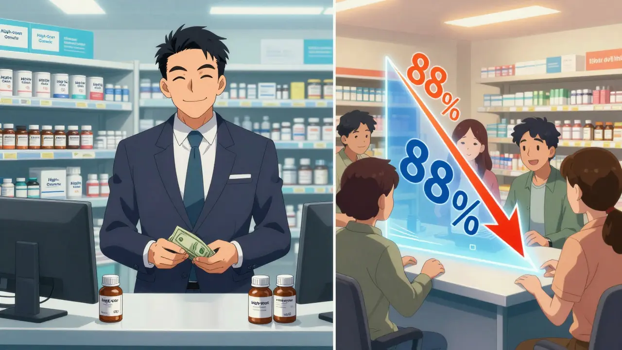 Split scene: high-cost generic with PBM profiting vs. affordable generics with happy patients and falling price graph.