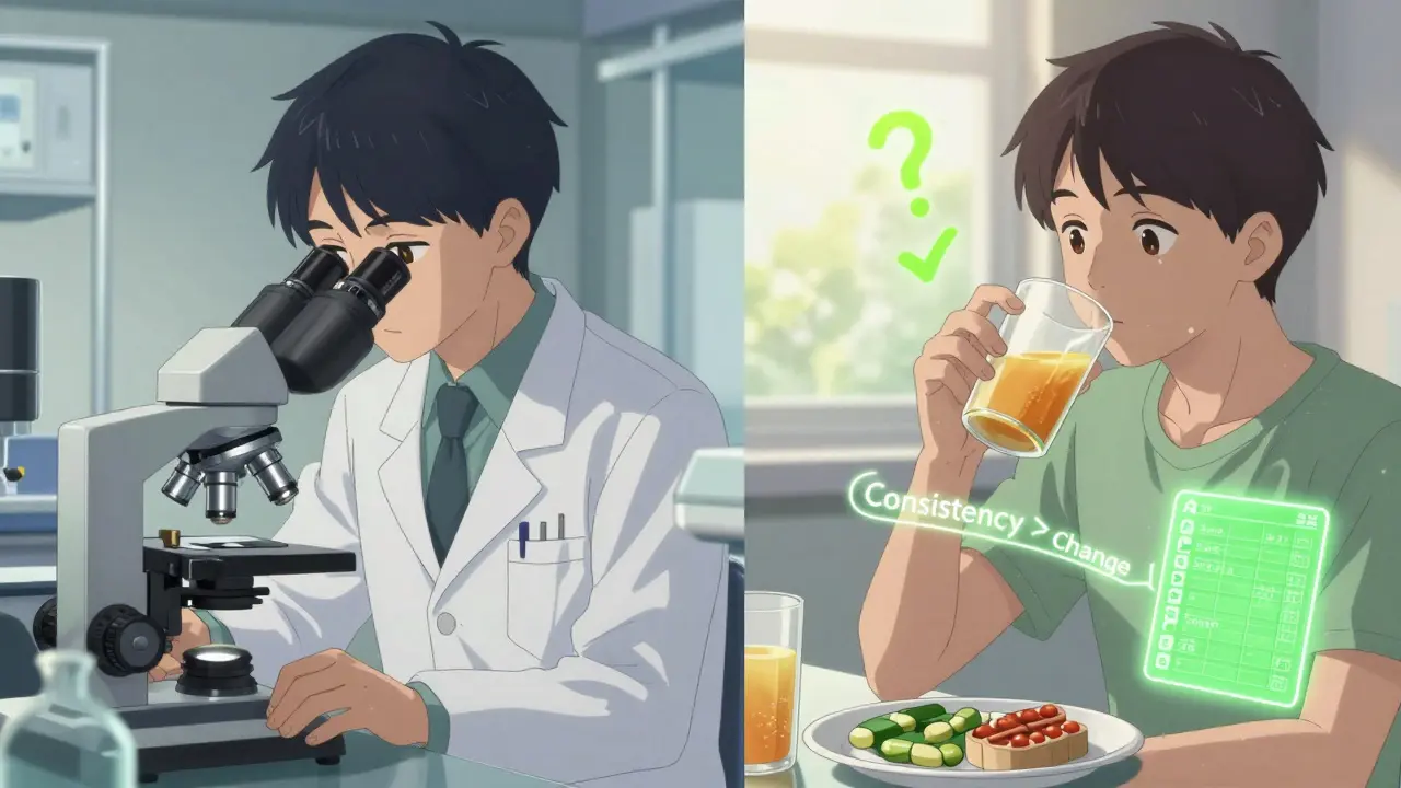 Split scene: lab scientist and person drinking juice, connected by a thread labeled 'Consistency > Change'.