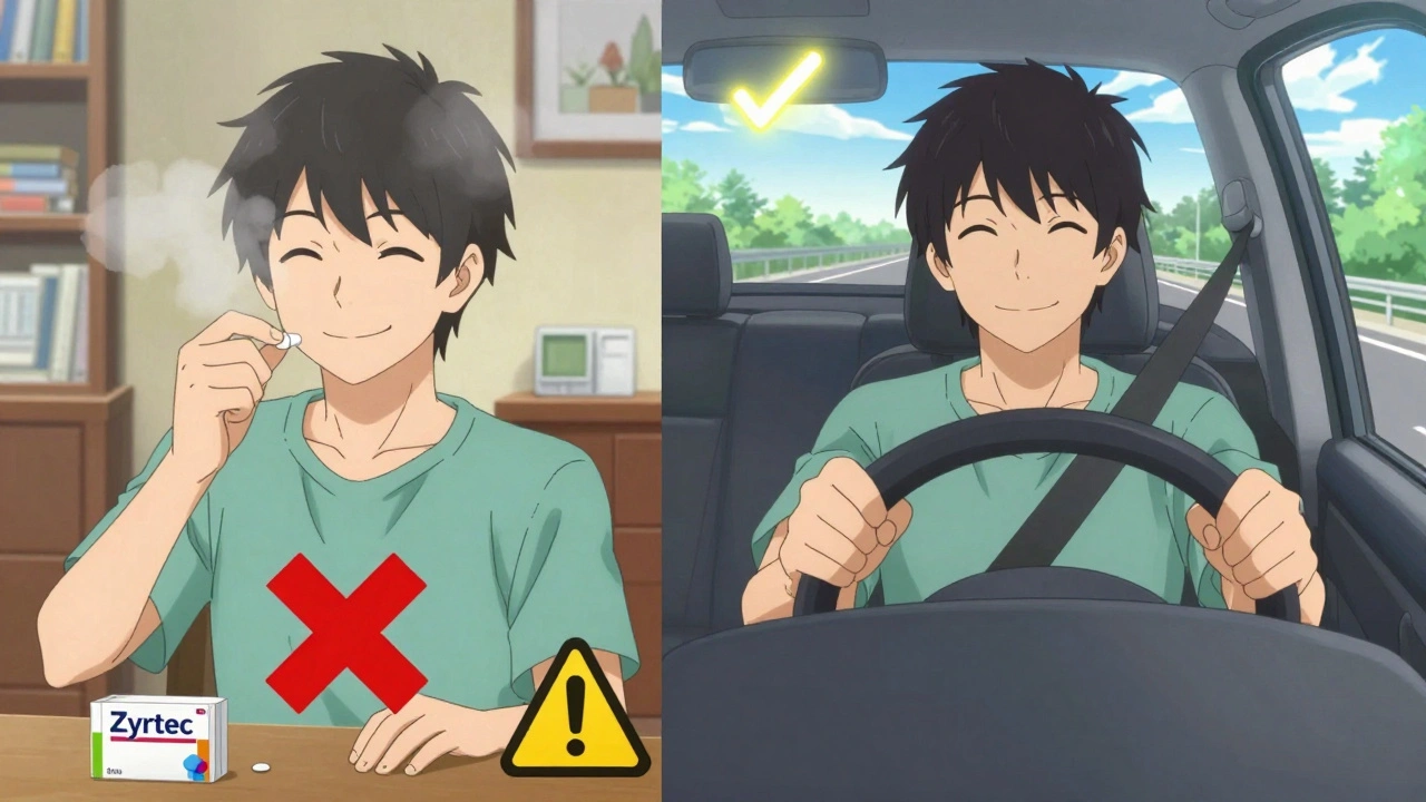 Split scene: person taking Zyrtec at home vs. driving safely on highway, with checkmark and X icons indicating safety contrast.