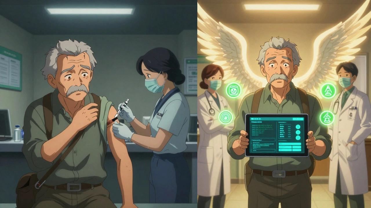 Split scene: rushed retail vaccine vs. personalized travel clinic with AI health data display.