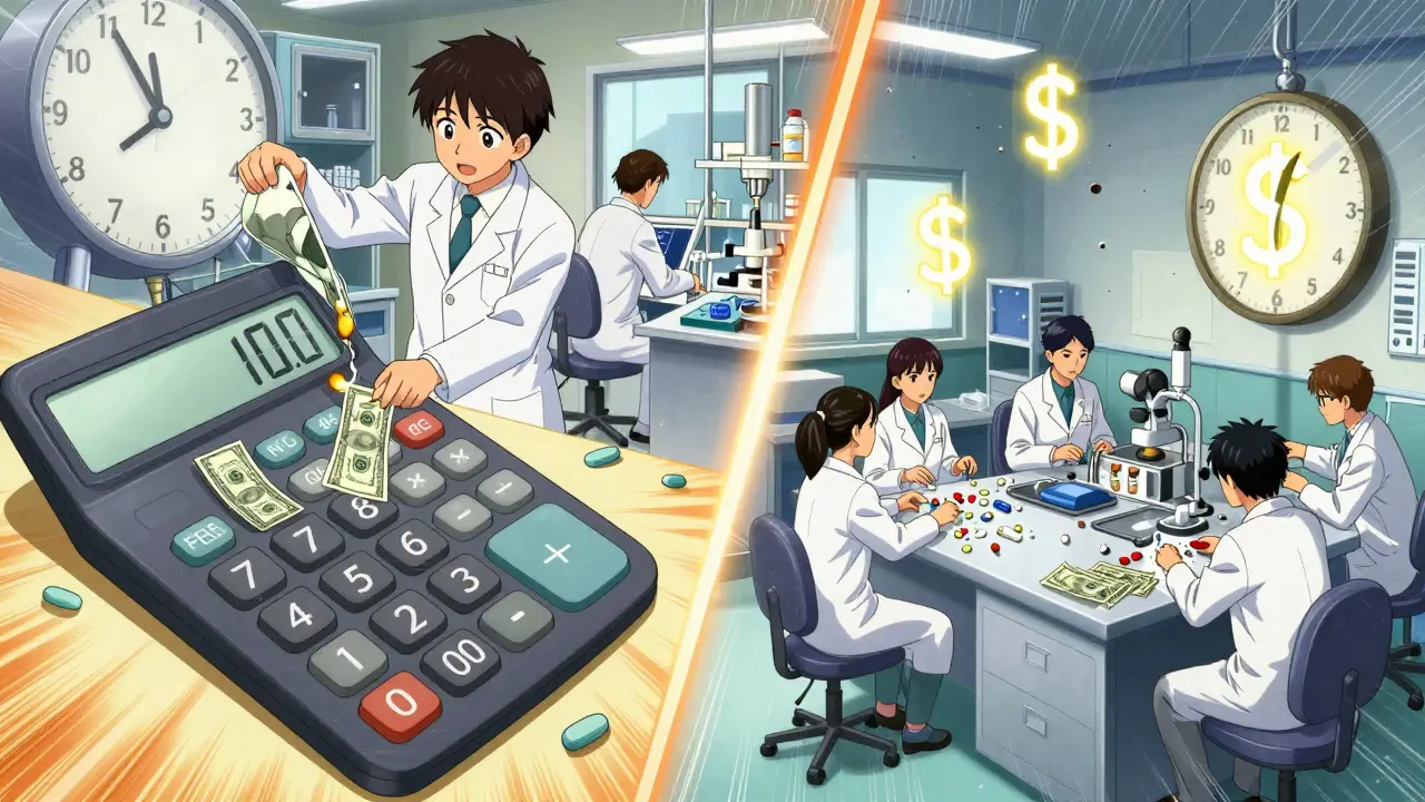 Split-screen: expensive 10-year drug development vs. quick 2-year generic production with crumbling dollar signs.