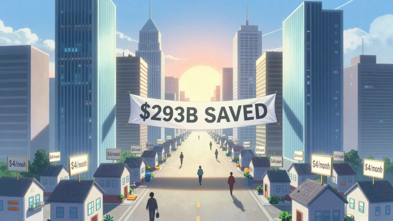 Towering brand-name buildings overshadowing small generic pill houses in a city, with a banner reading '3B SAVED.'