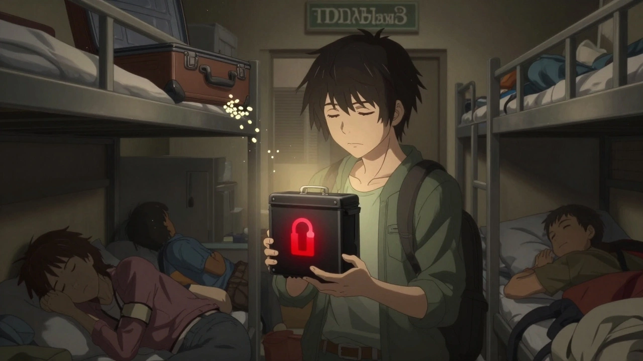 Traveler hiding a portable lock box under a pillow in a crowded hostel dorm, pills visible in open suitcase nearby.
