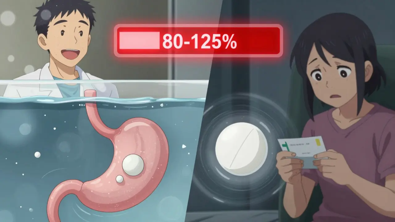 Two pills dissolving in stomachs with absorption particles and a pulsing 80-125% confidence bar above patients.