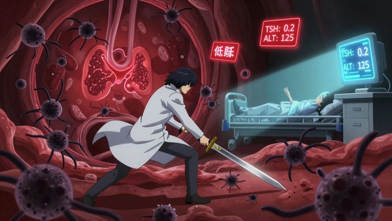 Warrior fighting antibodies inside body, thyroid glowing with warning signs in anime battle scene