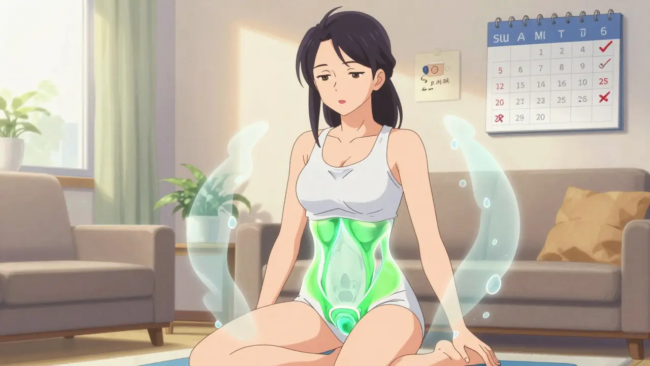 Woman doing pelvic exercises with glowing energy bands around her bladder, fading urine droplets, coffee cup with red NO symbol.