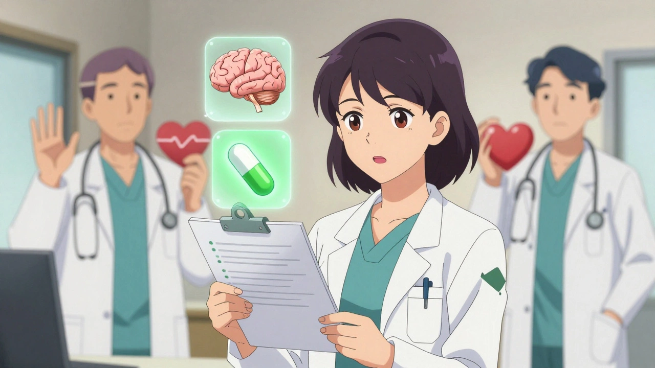 Woman with medical checklist and floating organ development icons, anime style