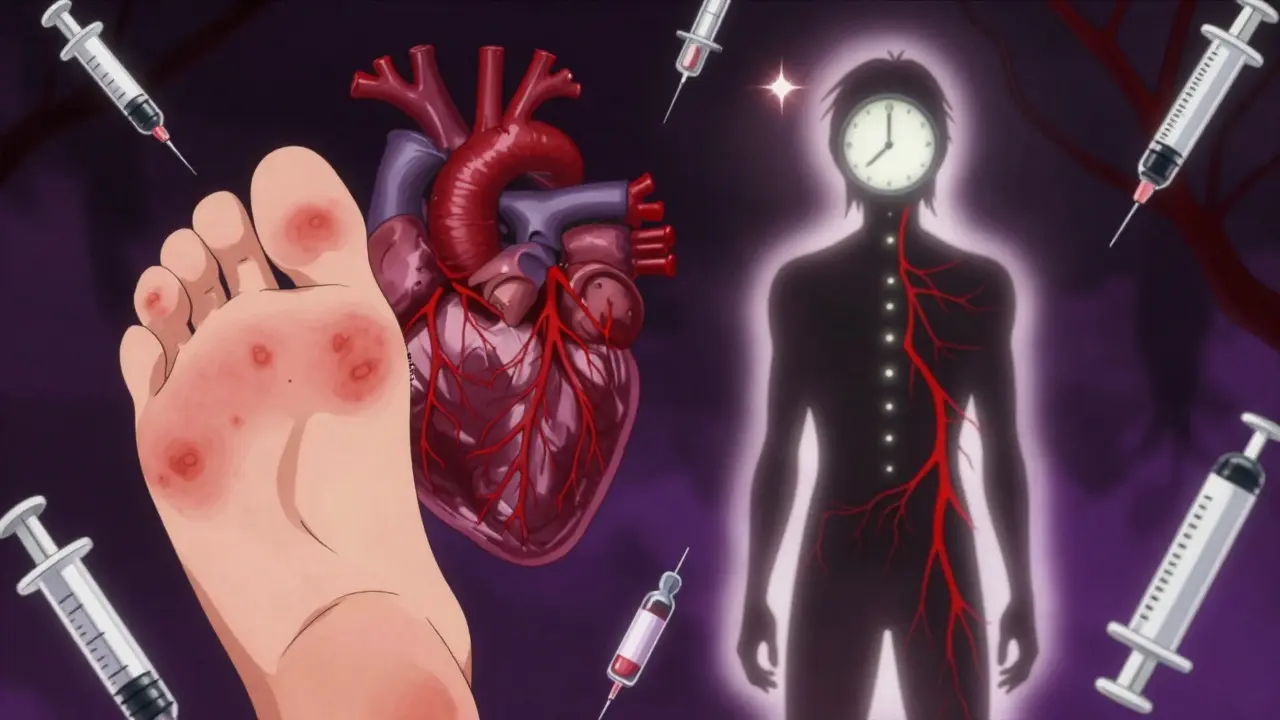 A fading syphilis rash on hand and foot, transitioning into a haunting image of a damaged heart and brain with red veins.