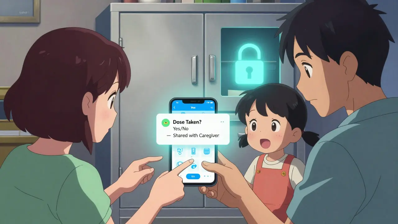 A family shares a smartphone medication reminder app, glowing notifications visible, with a locked cabinet in the background.