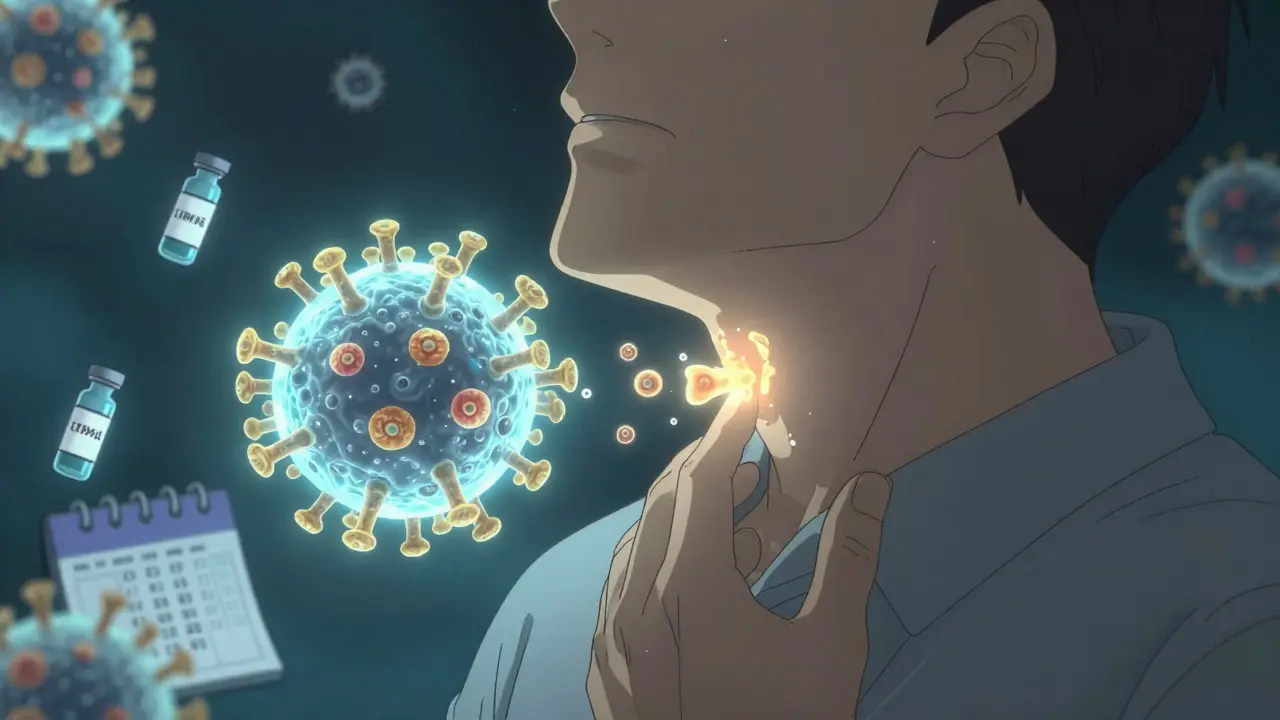 A man's throat illuminated by healing light as HPV virus transforms into harmless cells.