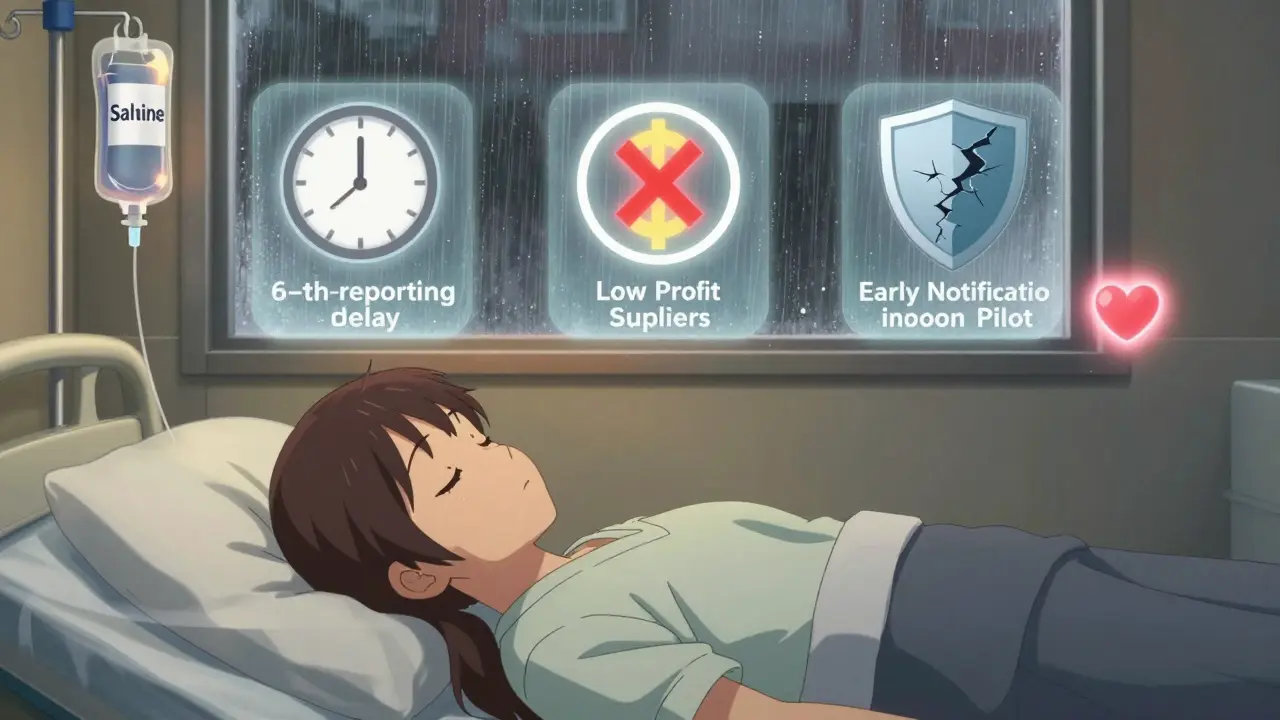 A patient in bed looks at floating icons representing drug shortage causes, an empty IV bag beside her.