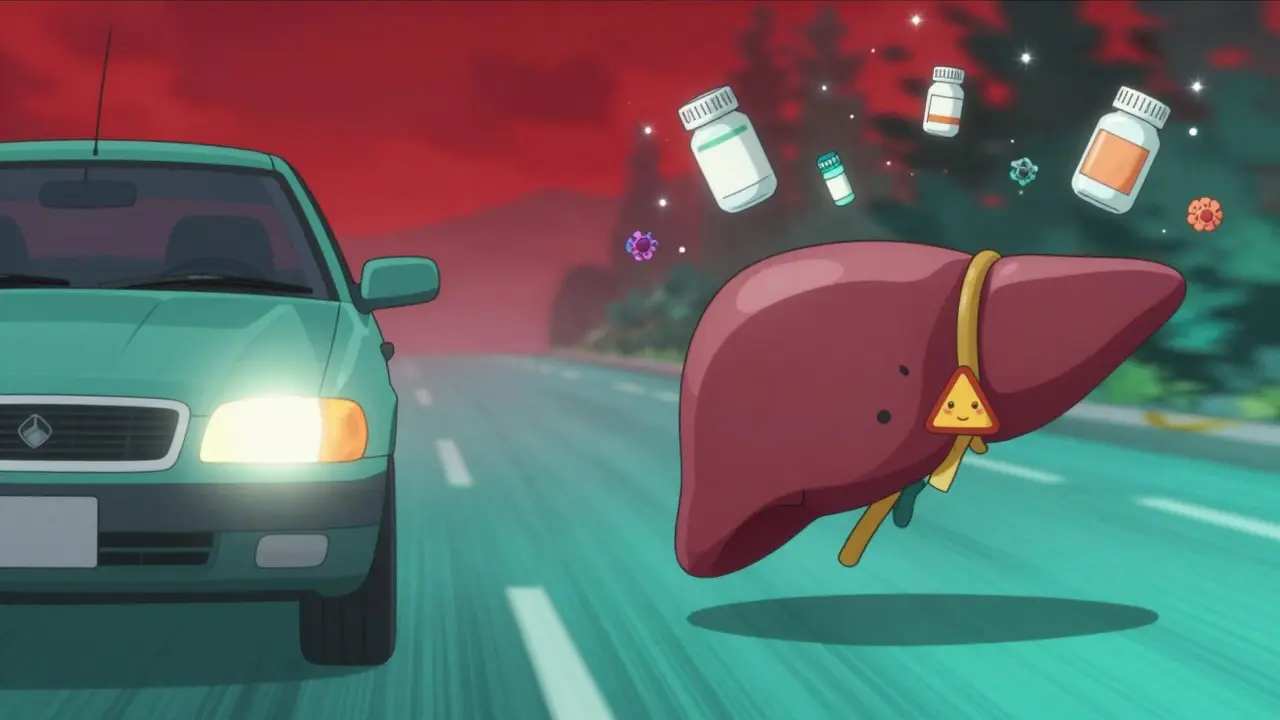 A symbolic comparison between a car's check engine light and a healthy liver with subtle medical biomarkers.