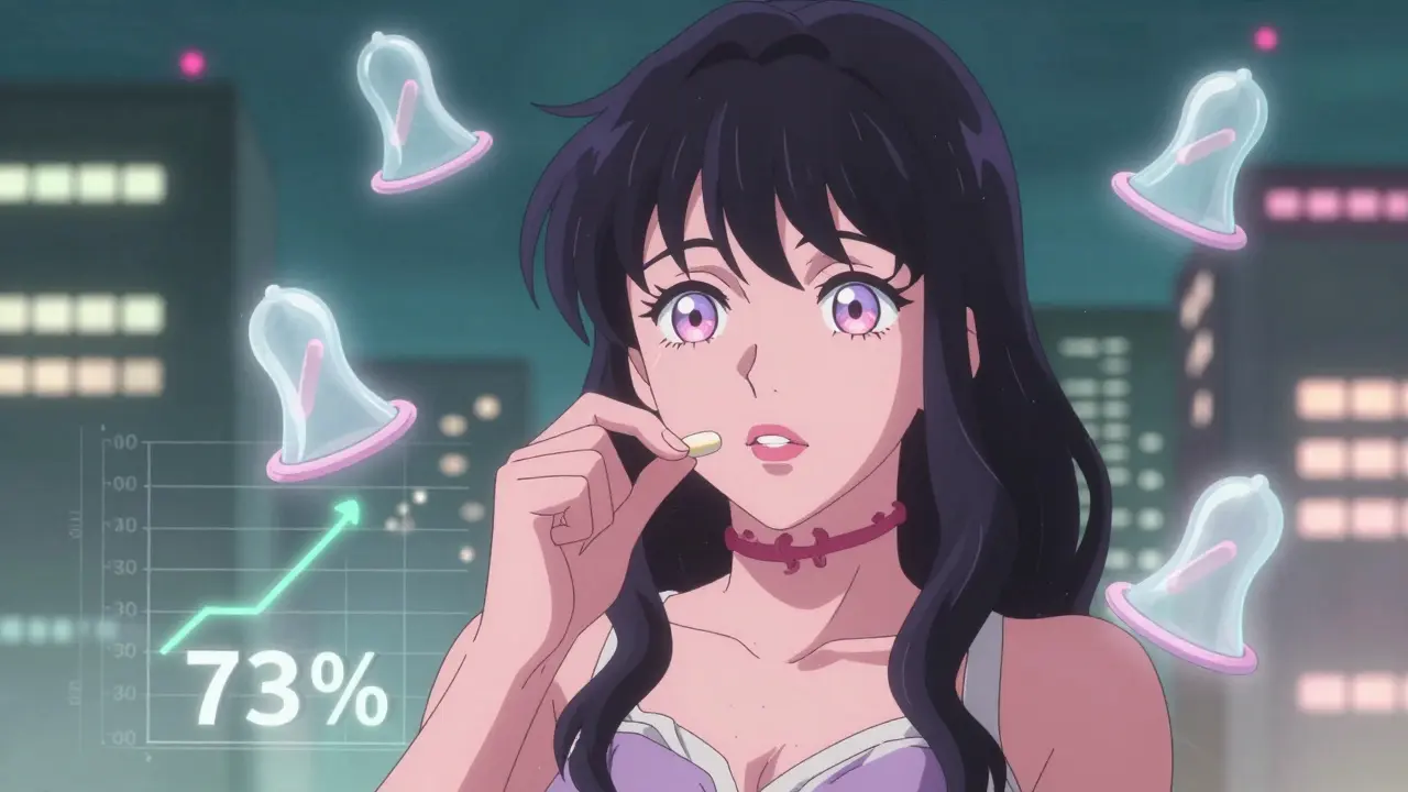 A transgender woman taking doxycycline after sex, surrounded by dissolving condoms and glowing statistics in a cityscape.