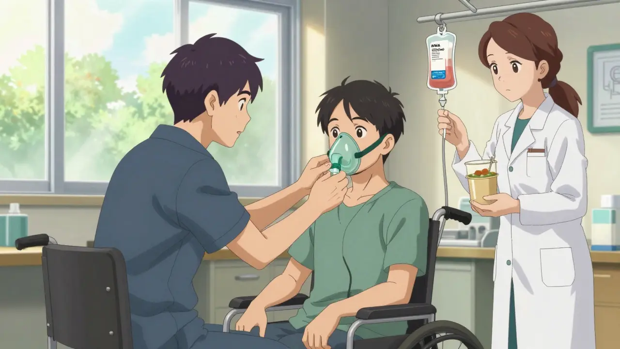 ALS patient in wheelchair with therapist adjusting NIV mask, dietitian nearby holding nutritional shake.