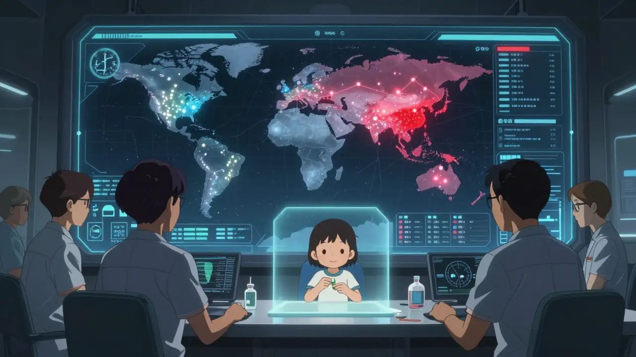 Analysts watch AI-generated constellations of drug reactions on a world map, one pulsing red over Southeast Asia.