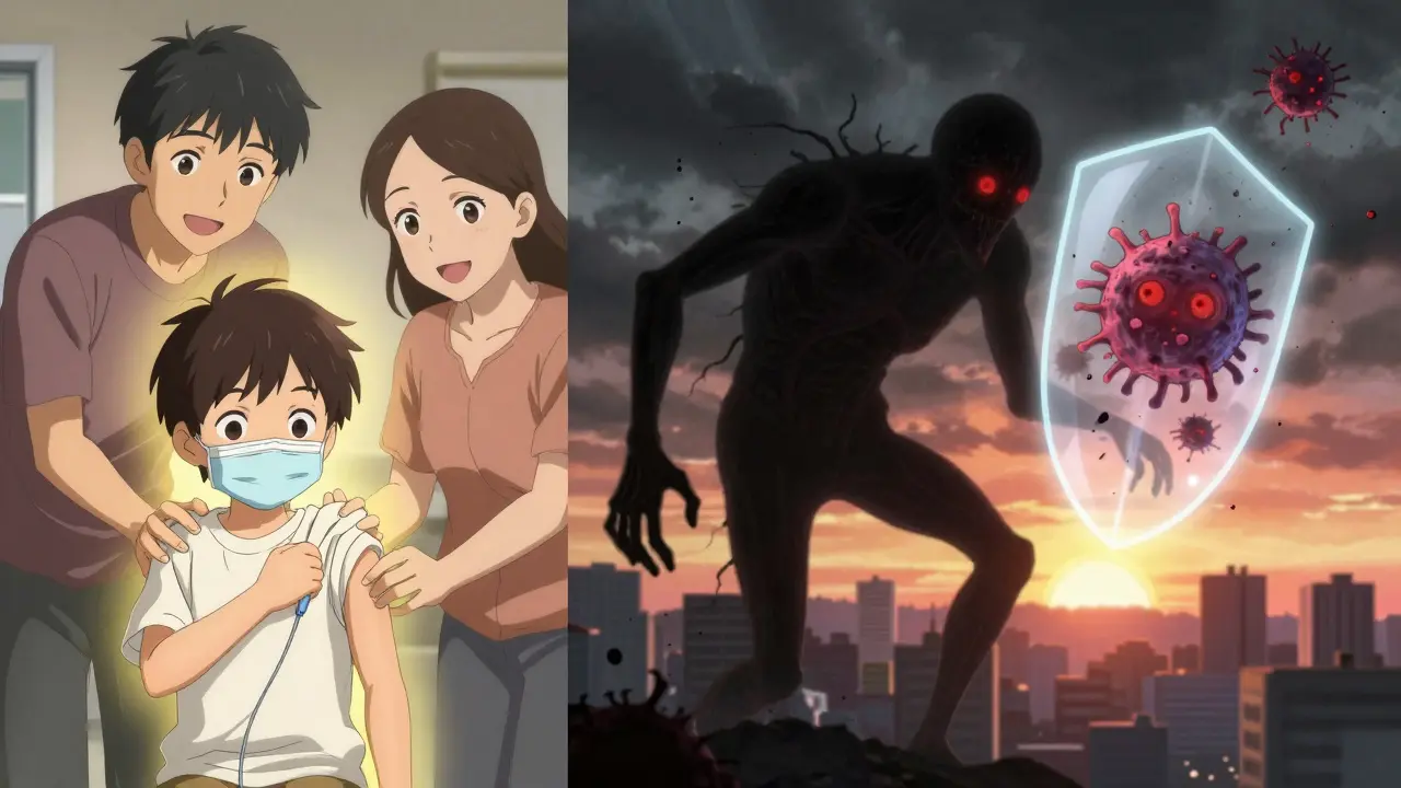 Child getting vaccinated as bacteria disintegrate under a radiant shield, sunrise in background