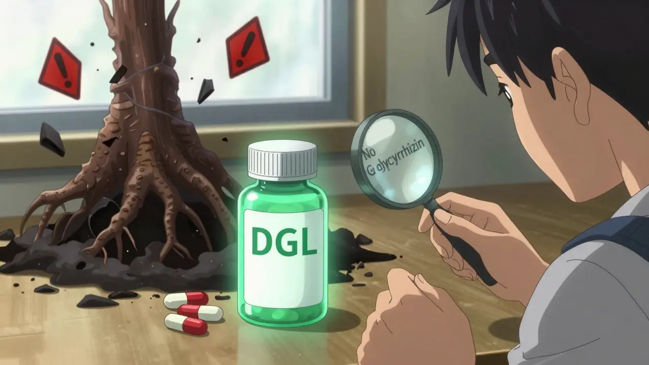 DGL supplement glows safely beside blood pressure pills as dangerous licorice roots crumble away.
