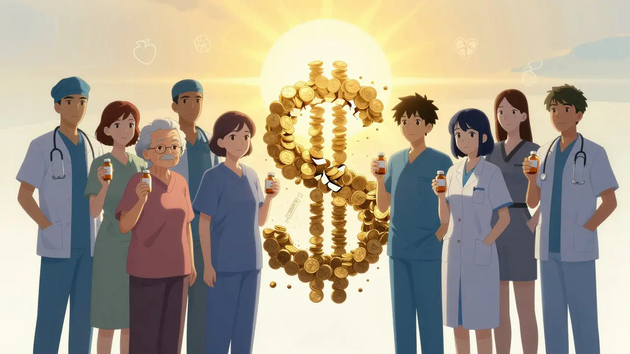 Diverse patients holding plain-labeled pill bottles, shadows forming a cracked dollar sign under a rising sun.