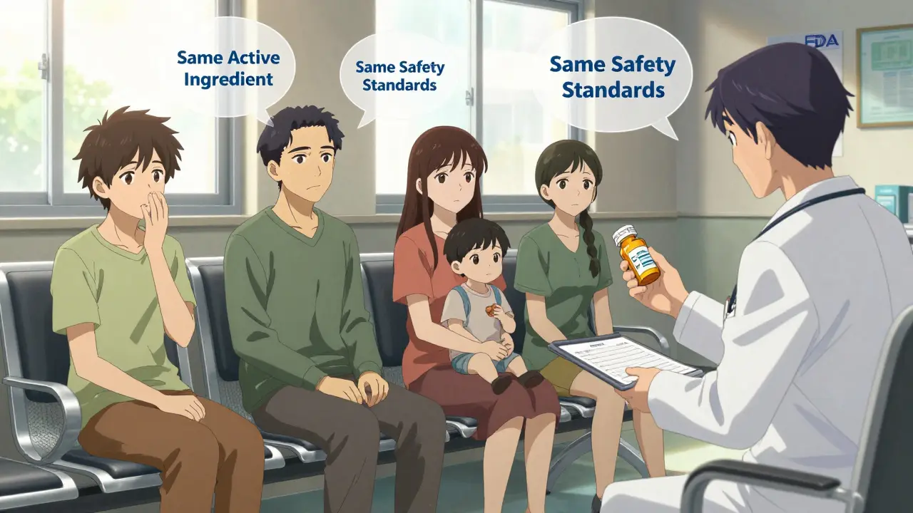 Diverse patients in clinic listening to doctor explain generics, varied emotional reactions.