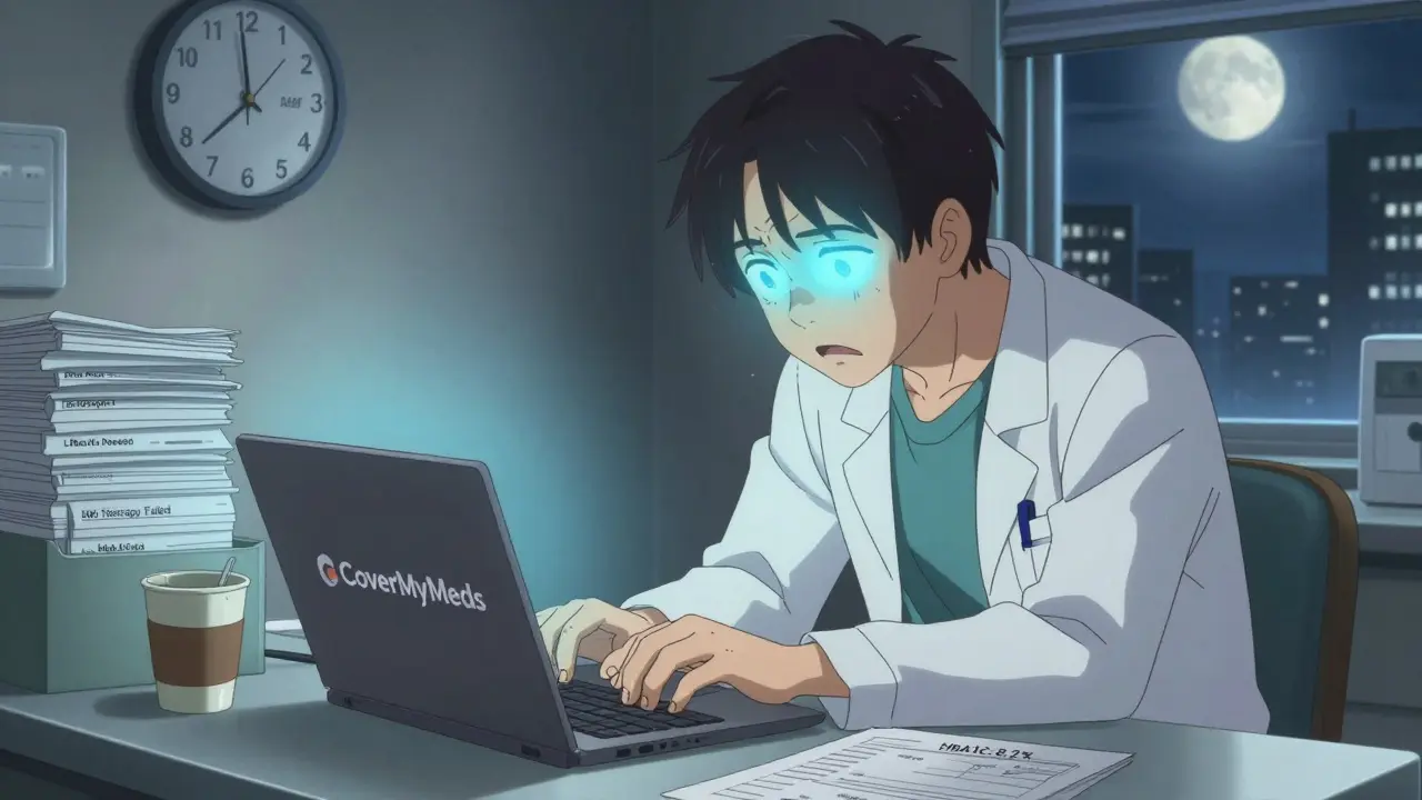 Doctor working late to submit prior authorization forms for generic medications