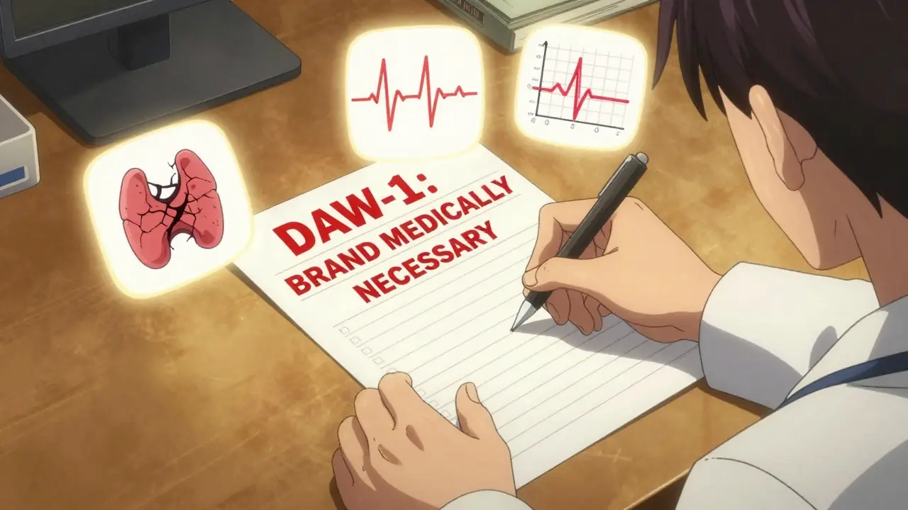 Doctor writing 'Brand Medically Necessary' prescription with floating medical icons transforming.