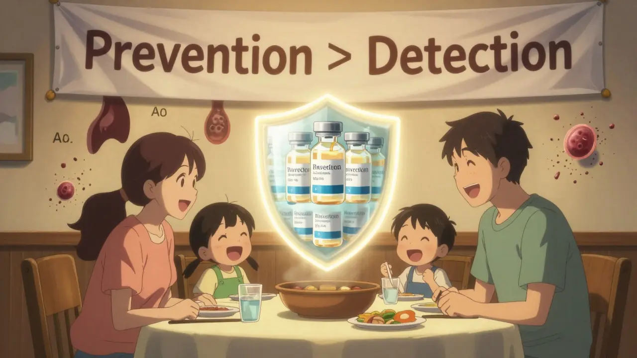 Family dinner with a glowing vaccine shield protecting them from crumbling cancer cells.