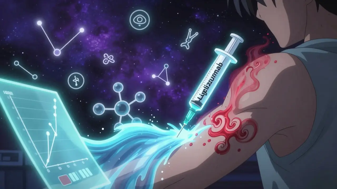 Futuristic syringe injecting blue wave to dissolve hives with molecular aura