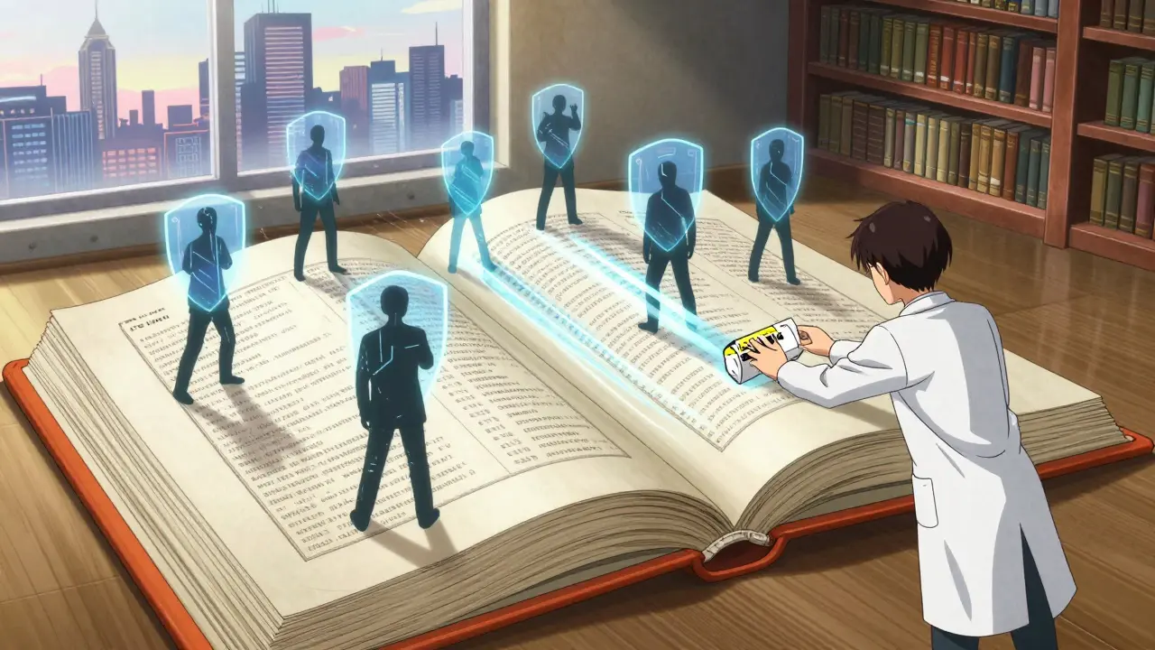 Giant open Orange Book with patent shields blocking data streams as a pharmacist reaches through.